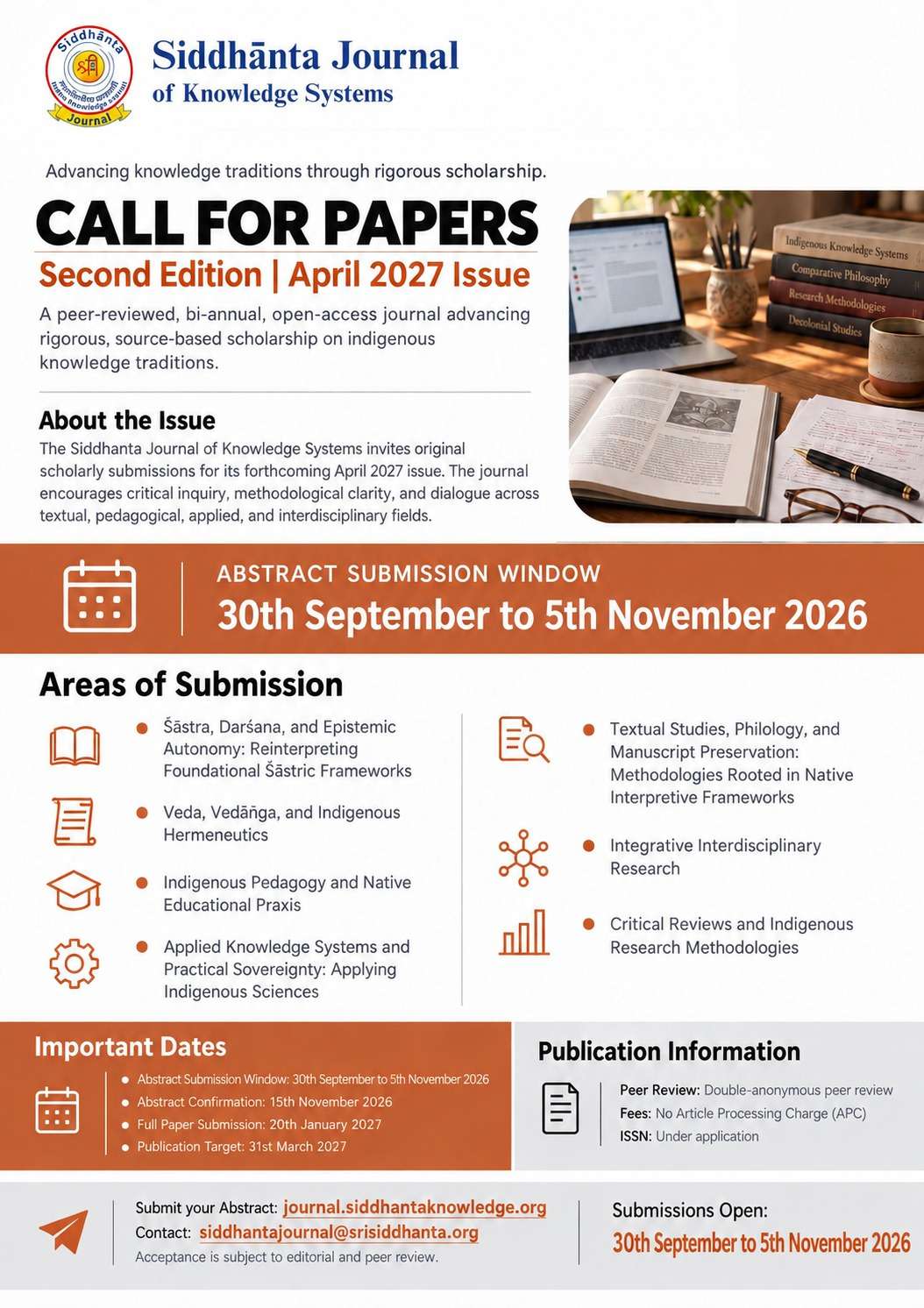 Call for Papers flyer, Second Edition, April 2027 Issue. Abstract submission window 30 September to 5 November 2026.